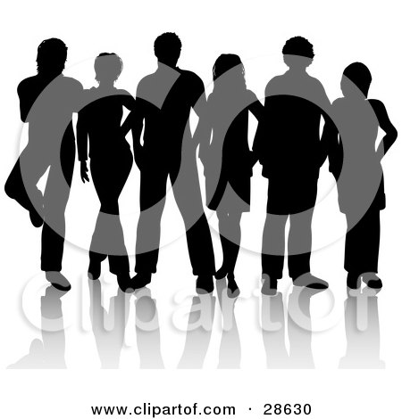 Clipart Illustration of a Black Silhouetted Group Of Six Men And Women Standing Together by KJ Pargeter