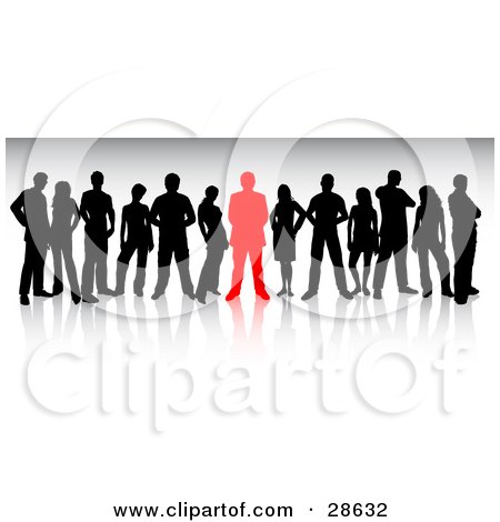 Clipart Illustration of a Group Of Black Silhouetted People Standing Beside A Red Person by KJ Pargeter