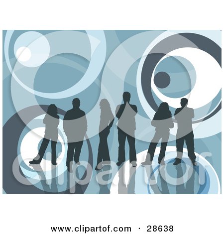 Clipart Illustration of a Group Of Blue Silhouetted People Standing With Reflections Over A Blue Retro Background With Circle Patterns by KJ Pargeter