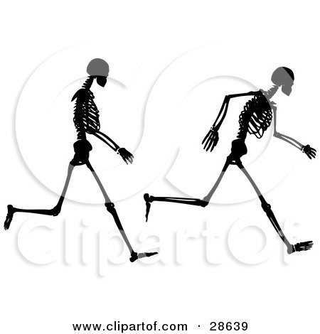 Clipart Illustration of Two Poses Of A Black Silhouetted Skeleton Running by KJ Pargeter
