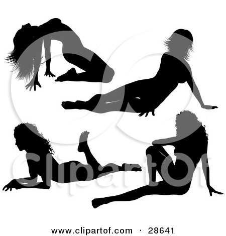 Clipart Illustration of Four Sexy Black Silhouetted Women In Different Poses On The Ground by KJ Pargeter