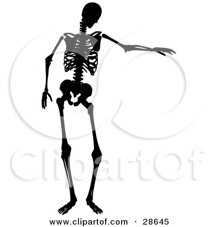 Clipart Illustration of a Black Silhouetted Skeleton Holding One Arm Out To The Side by KJ Pargeter