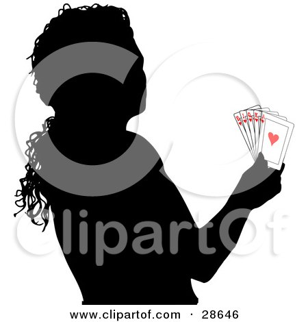 Clipart Illustration of a Black Silhouetted Woman Holding A Royal Flush Of Playing Cards by KJ Pargeter