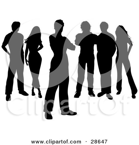 Clipart Illustration of a Black Silhouetted Group Of Six Adults Standing Together by KJ Pargeter