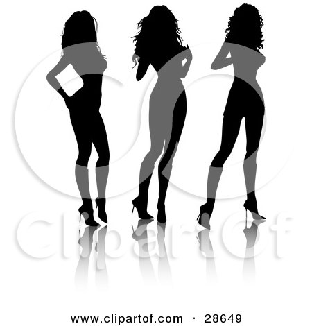 Clipart Illustration of Three Black Silhouetted Sexy Women Standing In High Heels by KJ Pargeter