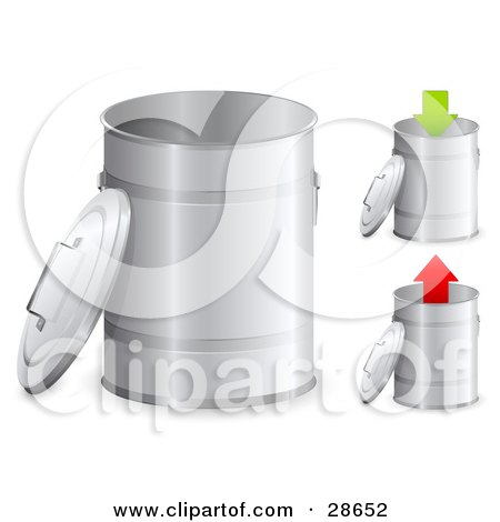 Clipart Illustration of a Set Of Three Metal Trash Cans With The Lids Off, One With A Green Arrow Pointing Down And One With A Red Arrow Pointing Up by beboy