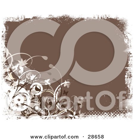 Clipart Illustration of a Brown Background Bordered By White Grunge With Vines And Circles by KJ Pargeter