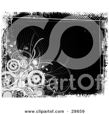 Clipart Illustration of a Cluster Of White Circles And Vines In The Corner Of A Black Background, Bordered By White Grunge by KJ Pargeter