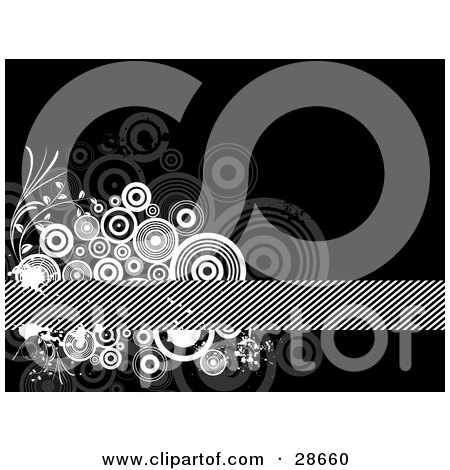 Clipart Illustration of a Cluster Of Gray And White Splatters, Circles And Vines Around A Striped Bar Over A Black Background by KJ Pargeter