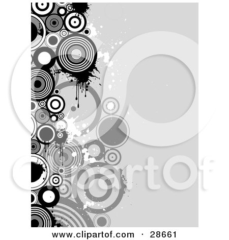 Clipart Illustration of a Side Border Of Black, Gray And White Grungy Circles Over A Gray Background by KJ Pargeter