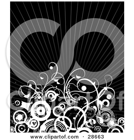 Clipart Illustration of White Curly Vines And Circles Over A Bursting Black Background by KJ Pargeter