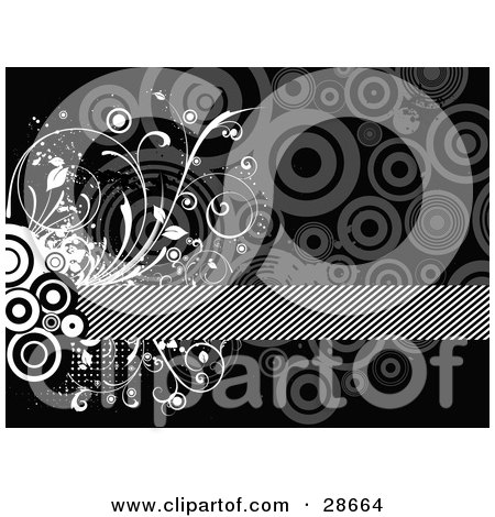 Clipart Illustration of a Cluster Of Circles With White Vines Framing A Striped Bar Spanning Over A Black Background With Gray Circles by KJ Pargeter