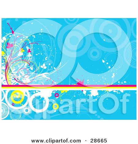 Clipart Illustration of a Pink, Yellow And White Line With Circles, Vines And Grunge Splatters Over A Blue Background by KJ Pargeter