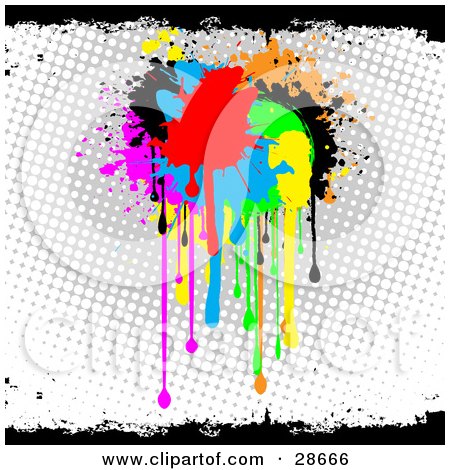 Clipart Illustration of a Cluster Of Red, Blue, Green, Yellow, Orange, Pink And Black Paint Splatters Dripping Over A Gray And White Dotted Background With Black Grunge by KJ Pargeter