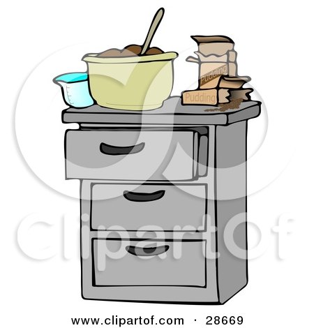 Clipart Illustration of a Measuring Cup And Pudding Boxes By A Mixing Bowl Of Chocolate Pudding On A Kitchen Island Counter by djart