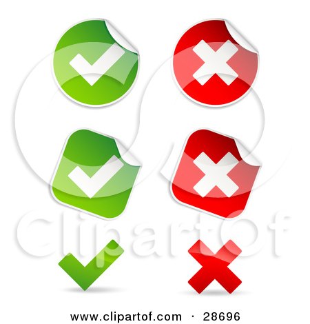 Clipart Illustration of a Set Of Peeling Square And Circle Green And Red Check Mark And X Mark Stickers by beboy