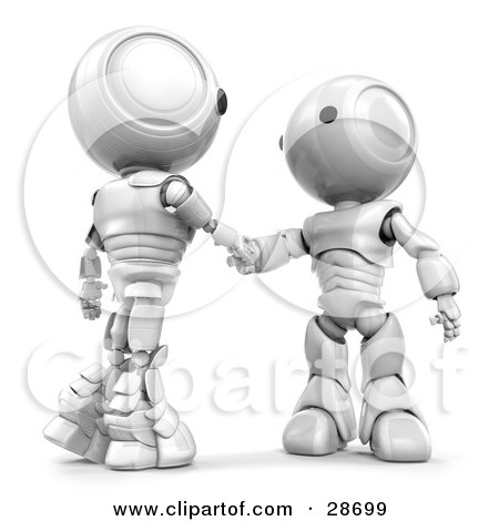 Clipart Illustration of White AO-Maru Robots Shaking Hands On A Business Deal by Leo Blanchette
