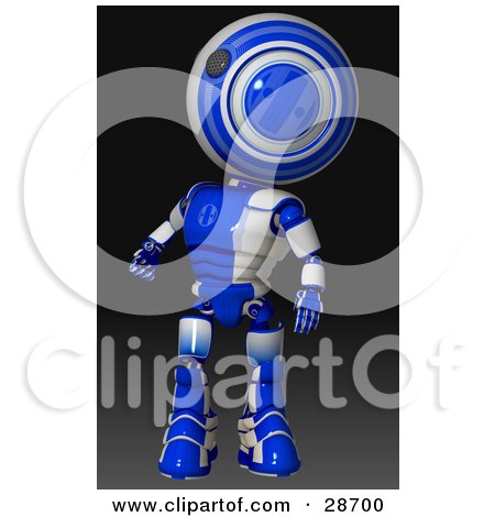 Clipart Illustration of a Blue AO-Maru Robot Standing And Looking Up Over His Shoulder by Leo Blanchette