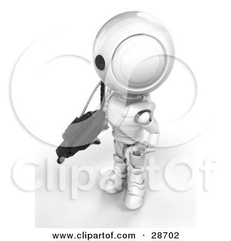 Clipart Illustration of a White AO-Maru Robot Protecting Territory With A Big Machine Gun by Leo Blanchette