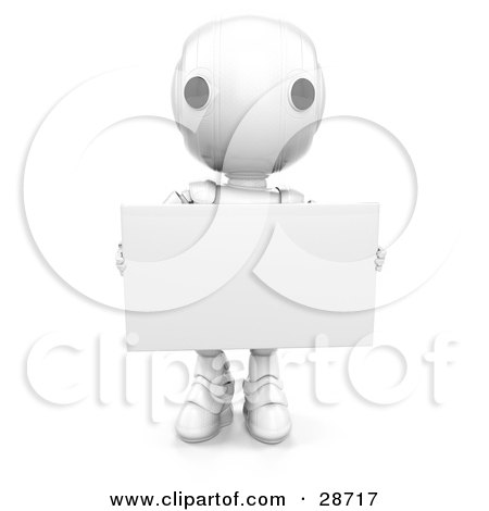 Clipart Illustration of a White AO-Maru Robot Facing Front And Holding A Blank White Advertising Board by Leo Blanchette