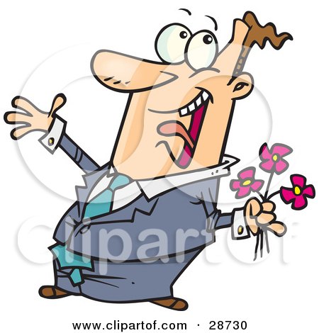 Clipart Illustration of an Excited Caucasian Man In A Suite, Holding Pink Flowers And Jumping While Preparing For A Date With His Wife Or Girlfriend by toonaday
