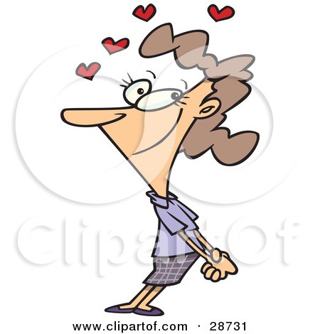 Clipart Illustration of a Pleased Caucasian Woman Holding Her Hands In Front Of Her Body And Grinning At A Man She Is Infatuated With, Hearts Above by toonaday