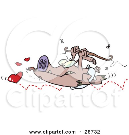 Clipart Illustration of a Nasty Pig Cupid Surrounded By Flies, Smoking A Cigar And Chasing After Hearts With A Bow by toonaday