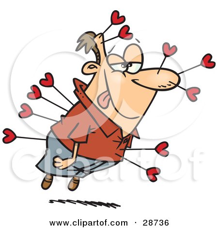Clipart Illustration of a Smitten Caucasian Man With A Love Struck Look On His Face, Floating And Shot Many Times With Cupid's Heart Arrows by toonaday