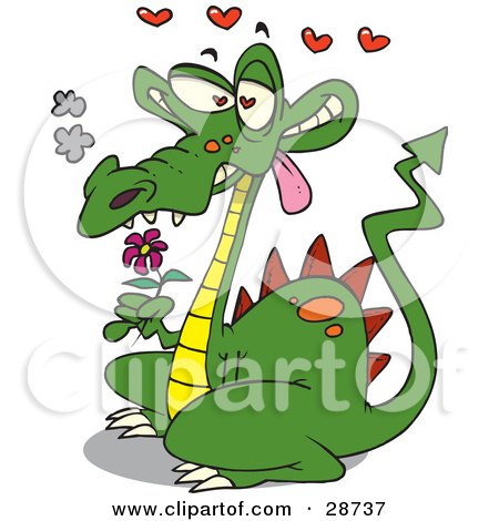 Clipart Illustration of a Smoking Green Dragon In Love, Holding A Pink Flower And Drooling, With Red Hearts Floating Above by toonaday