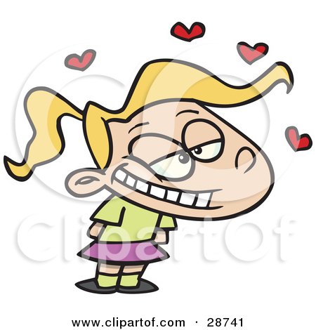 Clipart Illustration of a Cute Little Blond Caucasian Girl With A Cruch On Someone, Red Hearts Fluttering Above Her Head by toonaday