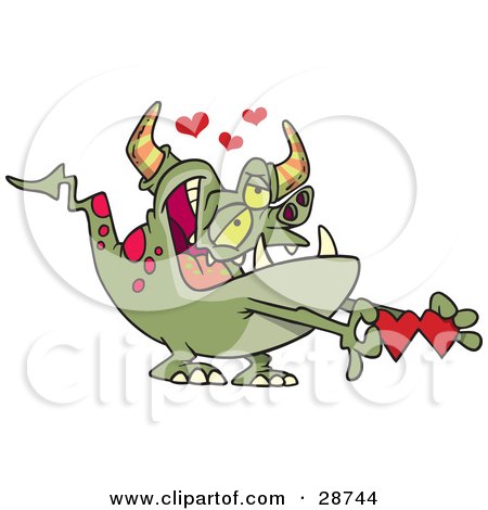 Clipart Illustration of an Infatuated Green Monster With Pink Spots, Grinning And Holding A Valentine, With Hearts Above by toonaday