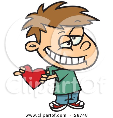 Clipart Illustration of a Sweet Little Caucasian Boy Grinning And Holding A Red Heart Valentine For His Crush by toonaday