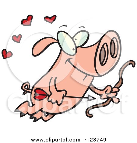 Clipart Illustration of a Cute Pink Cupid Pig Flying With A Bow And Arrow, Surrounded By Red Hearts by toonaday