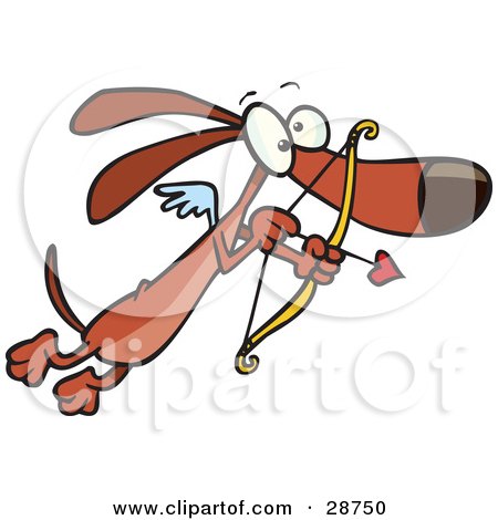 Clipart Illustration of a Cute Brown Cupid Dog With Tiny Wings, Flying With A Heart Arrow Aimed by toonaday