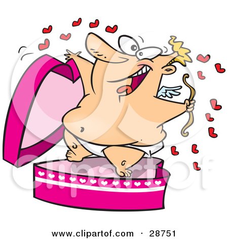 Clipart Illustration of a Chubby Cupid Leaping Out Of A Pink Heart Surprise Box, Surrounded By Little Red Hearts by toonaday