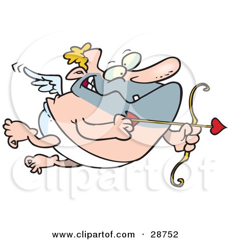 Clipart Illustration of a Mis-Shaven Chubby Cupid With Blond Hair, Flying With A Heart Arrow Aimed by toonaday