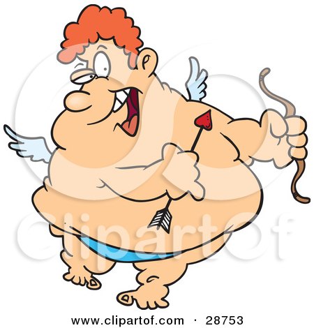 Clipart Illustration of a Chubby Male Cupid With Red Hair, Flapping His Tiny Wings, Winking And Smiling While Flying With A Bow And Arrow by toonaday