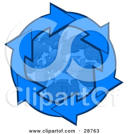 Clipart Illustration of Blue Arrows Circling Around Schooling Fish In The Deep Blue Sea by djart