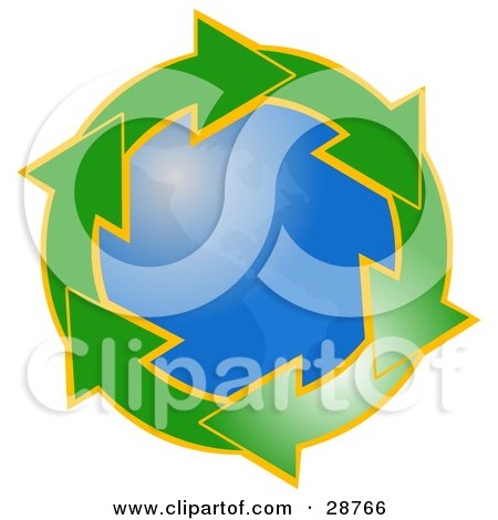 Clipart Illustration of Gradient Green Arrows Outlined In Yellow, Circling Around The American Continents Of Planet Earth by djart
