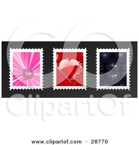 Clipart Illustration of Pink Disco Heart, Red Heart And Navy Blue Disco Heart Postage Stamps On A Gray Background by elaineitalia