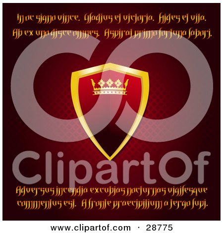 Clipart Illustration of a Red And Gold Heraldic Shield With A Ruby Studded Crown On A Medieval Background With Yellow Latin Text by elaineitalia