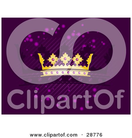 Clipart Illustration of a Golden Crown With Purple Jewels, Over A Purple Background With Diagonal Lines, Purple Orbs And A Silhouetted Crown by elaineitalia