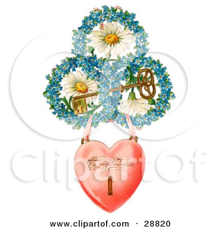 Clipart Picture of a Vintage Valentine Of A Heart Locket Suspended From Rings Of Blue Flowers Around White Daisies With A Gold Skeleton Key Circa 1890 by OldPixels