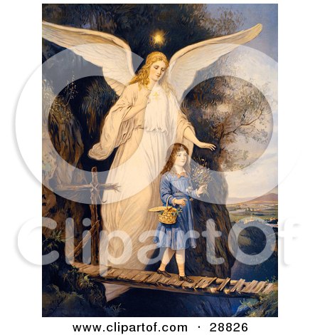 Clipart Picture of a Vintage Valentine Of A Female Guardian Angel Protecting A Little Girl As She Crosses A Gorge On A Narrow Bridge, Carrying A Basket And Flowers, Circa 1890 by OldPixels