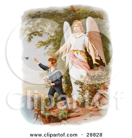 Clipart Picture of a Vintage Valentine Of A Female Guardian Angel Watching Over A Little Boy As He Picks Flowers And Chases Butterflies At The Edge Of A Cliff, Circa 1890 by OldPixels