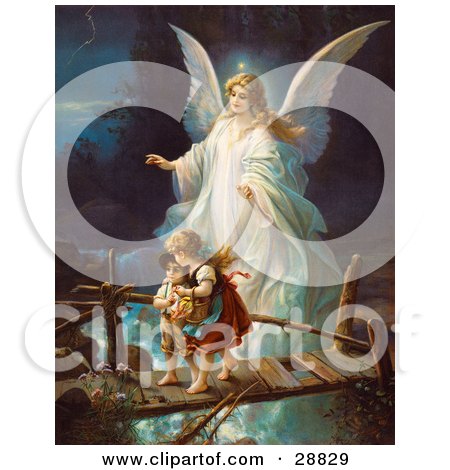Clipart Picture of a Vintage Valentine Of A Female Guardian Angel Protecting A Little Girl And Her Brother As They Cross Over A River On A Narrow Broken Bridge, Circa 1890 by OldPixels