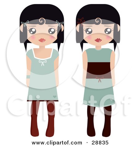 Clipart Illustration of Two Black Haired Female Paper Dolls In Green Dresses And Black And Brown Tights by Melisende Vector