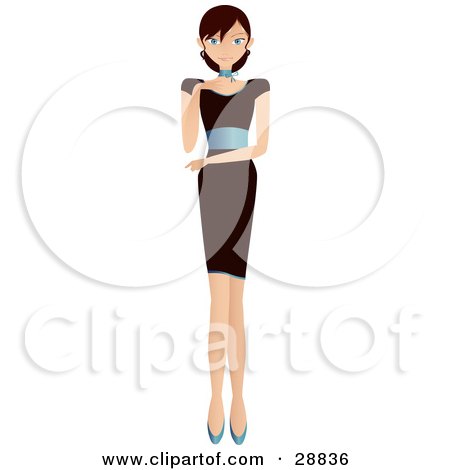 Clipart Illustration of a Sexy, Tall, Brunette Caucasian Woman In A Little Black Dress With A Blue Band Around The Waist, Walking Forward In Blue Heels by Melisende Vector