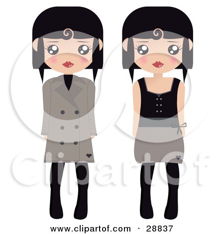 Clipart Illustration of Two Black Haired Female Paper Dolls In Brown And Black Tights, Coats And Dresses by Melisende Vector