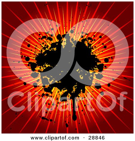 Clipart Illustration of a Black Ink Splatter Dripping On A Bursting Yellow, Orange And Red Background by KJ Pargeter